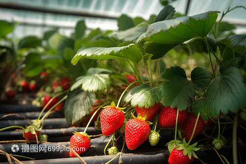 温室中新鲜草莓特写拍摄图